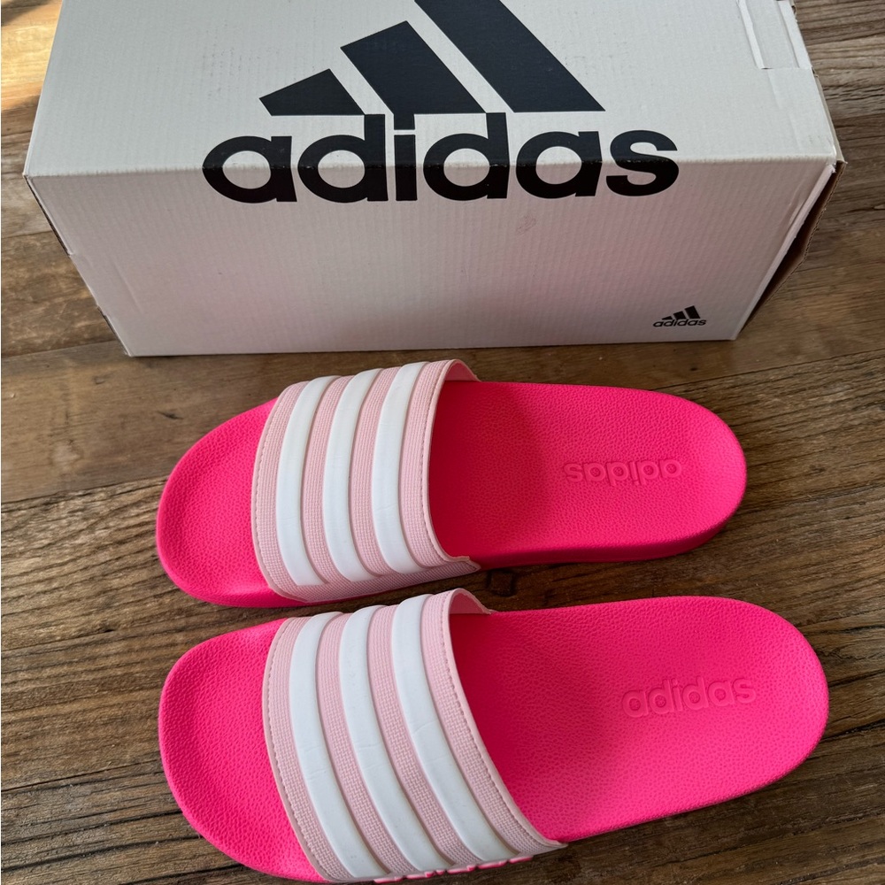 Adidas Pink Slides with White Stripes
